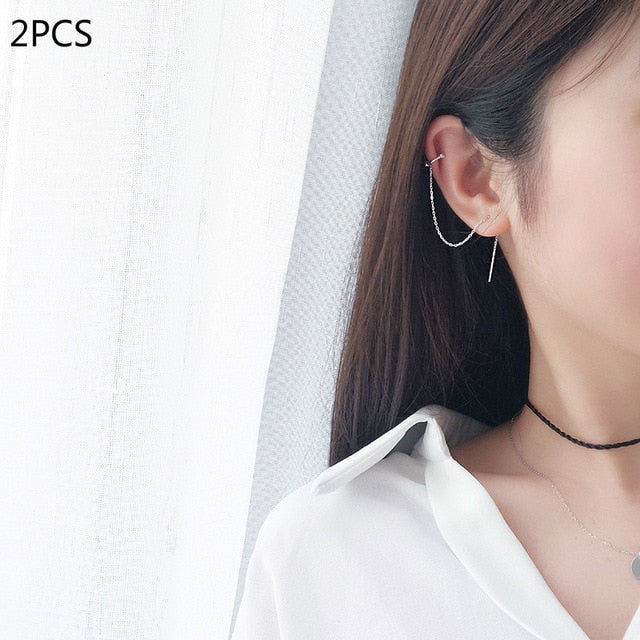 Korean K-Pop Silver Tassel Ear Cuff Earrings